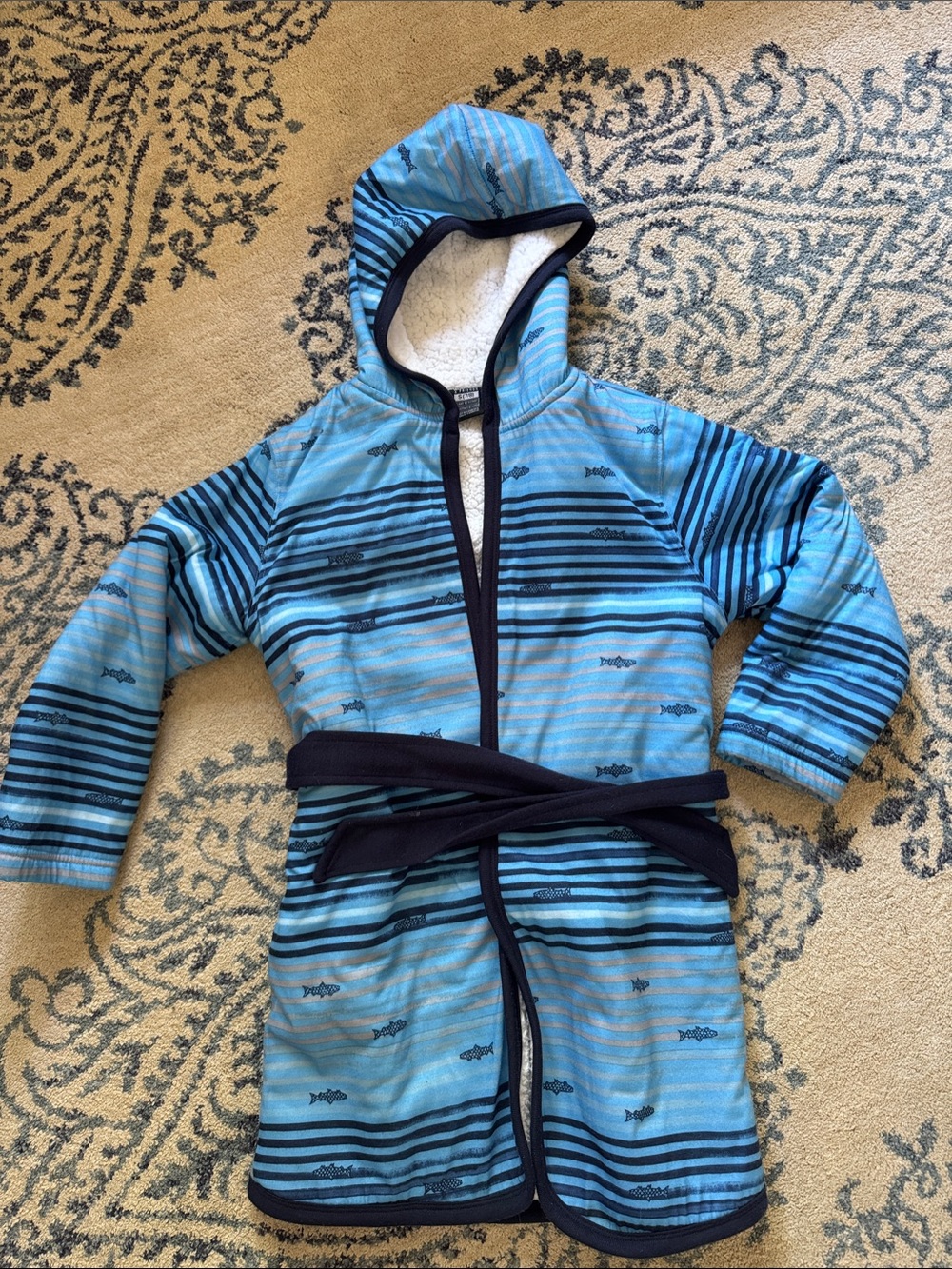 Woodrow & Friends Sherpa Robe - White Faux Shearling Blue Fish Design